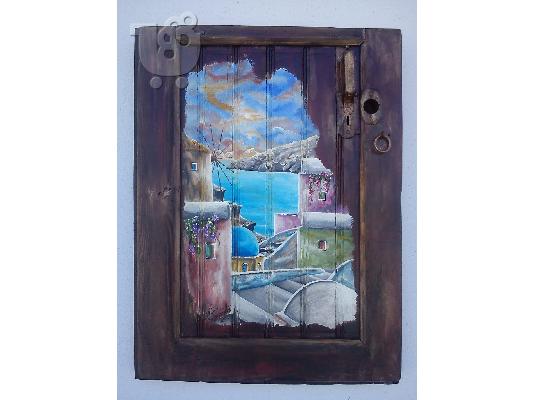 Painting in old wood by Aris Kizir Santorini Greece